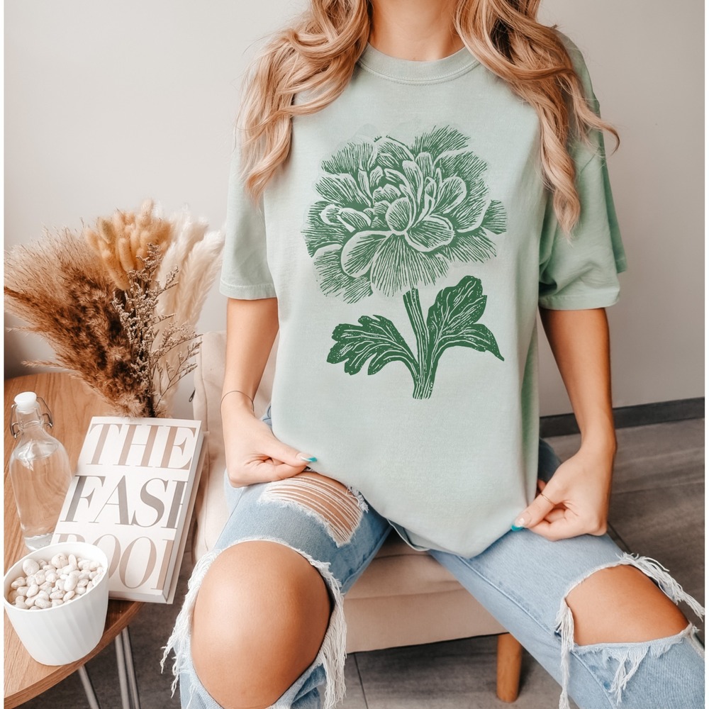 Botanical Flower Graphic Tee Vintage Woodcut Style Nature Art